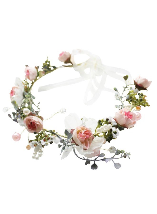 Vivivalue Floral Halo Boho Flower Headband Floral Crown Headpiece Hair Wreath with Ribbon Wedding Party Prom Photos Festival Pink by - Image 1